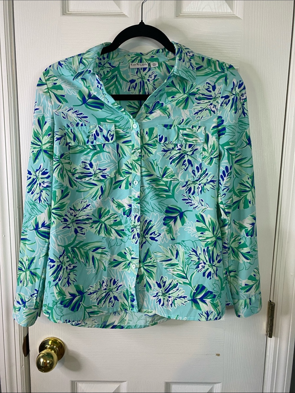 Kim Rogers Aqua Floral Button-Down Shirt Size Small Petite.